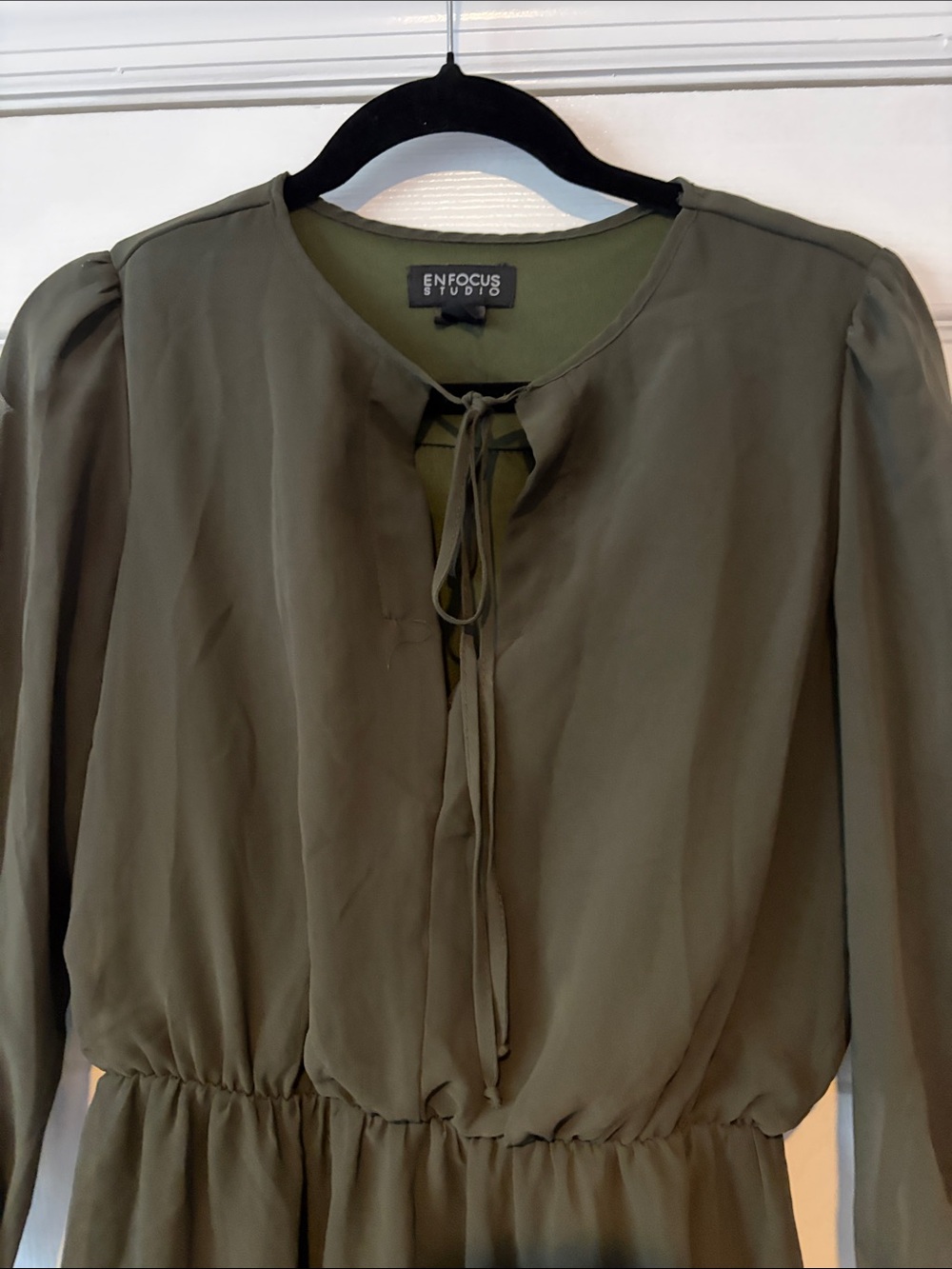 Enfocus Studio Olive Tie-Front Sheer Long Sleeve Dress size 6 - Picture 2 of 12
